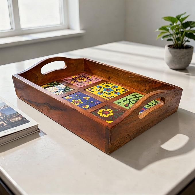 Craft Trade Mango Wood Serving Tray with Handle and 6 Fitted Floral Ceramic Tiles Wooden Platters Perfect for Breakfast Tea Coffee Snacks Dinner 30x23x8 cm Rectangle
