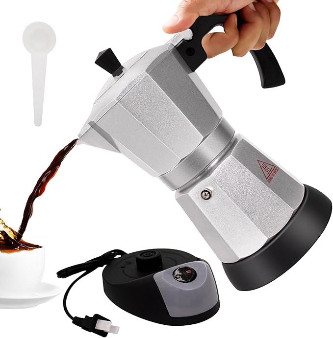 Vaolvpant Electric Aluminum Moka Pot 5-6 Cup 270ml Espresso Maker with Detachable Base Ideal Coffee Makers for Home MochaPot Italian and Cuban Café Coffeemaker Espressomaker CoffeePot Silver