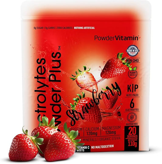 PowderVitamin Electrolytes Powder Plus (20 Servings) Strawberry Electrolyte Powder, No Maltodextrin, Keto,Sugar Free,Pink Himalayan Salt,1000mg Potassium,120mg Calcium,120mg Magnesium,Hydration Powder