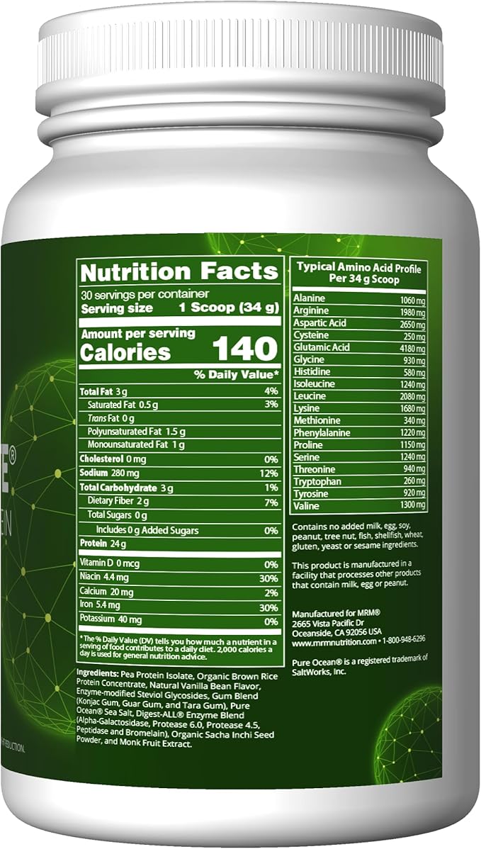 MRM Veggie Elite Performance Protein - Vanilla Bean, Plant-Based Powder, 24g Protein per Serving with BCAAs & Digestive Enzymes, Clinically Tested - Vegan, Gluten-Free - 30 Servings
