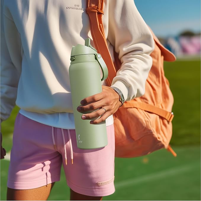 32 oz Insulated Water Bottle with Straw: Meoky Stainless Steel Metal Water Bottle with 2-in-1 Lid - Leak Proof, Cold for 24 Hours, Protective Silicone Base, BPA-Free for Sports Gym, Ivory