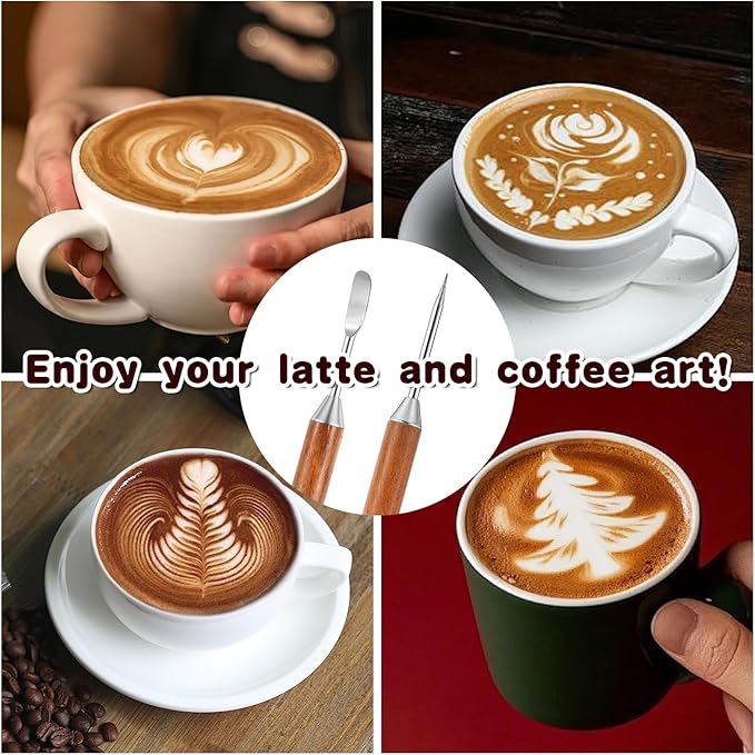 2 Pack Latte Art Pen, Stainless Steel Coffee Drawing Tool with Wood Handle, Barista Tools for Espresso Designs, Home and Cafe Use