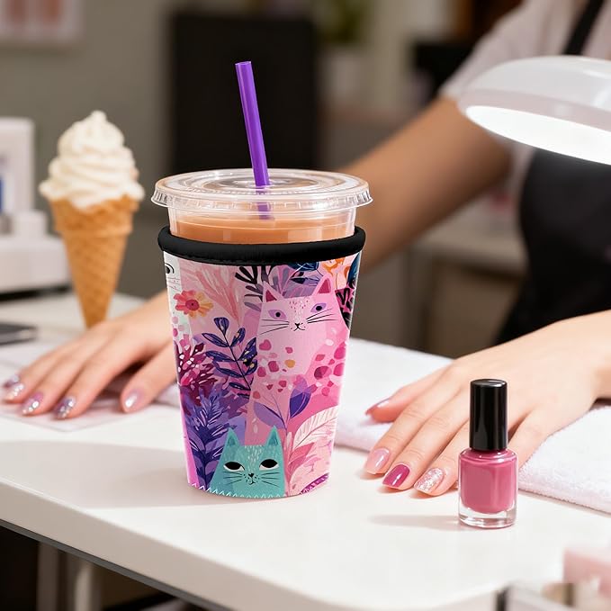 Colorful Cat Floral Iced Coffee Sleeve Set of 3 Fits 16oz 24oz 30oz Cups Cute Cat Lover Insulated Coffee Sleeve for Women & Gifts