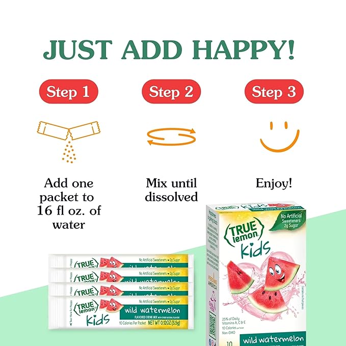 TRUE LEMON KIDS Wild Watermelon (10 Packets) - Hydration for Kids - No Preservatives, No Artificial Flavors & Sweeteners - Low Sugar Water Flavoring - Juice Powdered Drink Mix