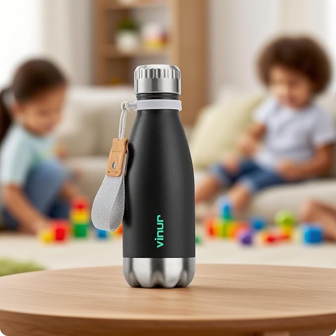 VINUR 12 oz Small Water Bottle - Kids Stainless Steel Double Wall Vacuum Insulated Water Bottle for School-Cola Shape Flask with Carry Rope(Black)