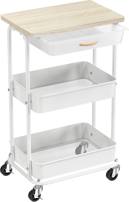 Simple Houseware 3-Tier Rolling Utility Cart with Drawer & Wood Tabletop - Mobile Sofa Side Table, Nightstand, Slim Storage Organizer Trolley for Bedroom, Bathroom, Office & Art Supplies, Maple