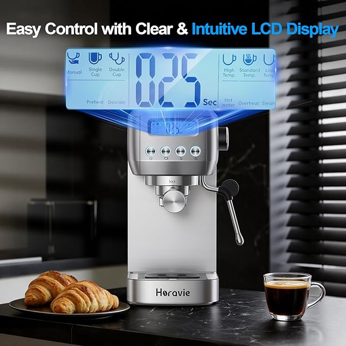 Espresso Machine 20 Bar, Compact Espresso Maker with Milk Frother, Stainless Steel Cappuccino & Latte Machine with LCD Screen, Adjustable Temperature, 44oz Water Tank for Home, Office