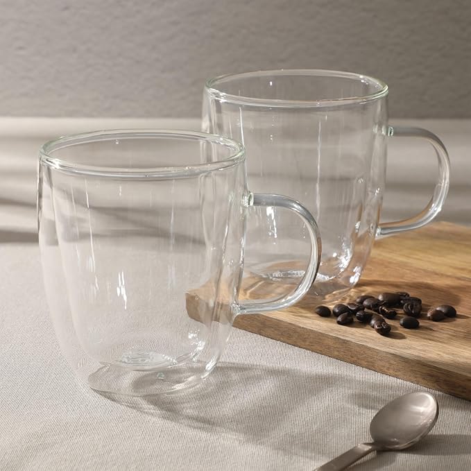 Mr. Coffee Retro Machiatto Large 16 Ounce Insulated Double Wall Glass Coffee & Tea Cups, Set of 2