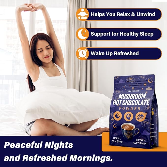 Mushroom Hot Cocoa with Magnesium Glycinate, Reishi, L-Theanine, Ashwagandha, Lemon Balm, Lavender, Cacao Powder Organic Hot Chocolate Supplement for Sleep, Relaxation, No Melatonin, Vegan, 3P