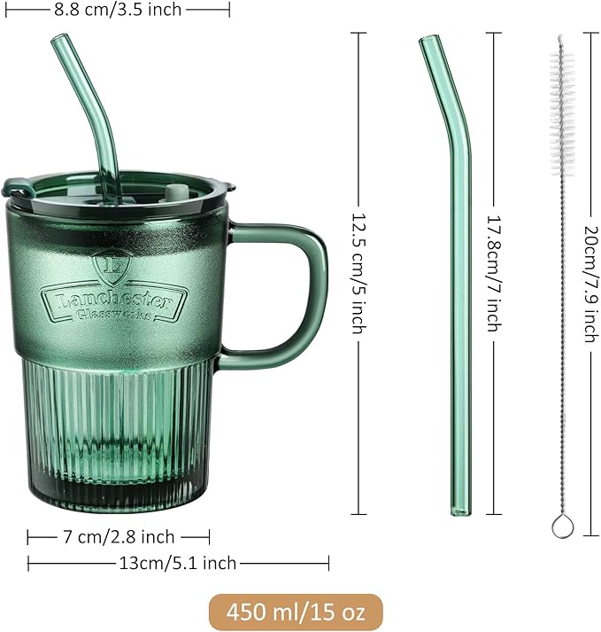 Joeyan Glass Coffee Cup Tumbler with Handle Lid and Straw, Smoothie Iced Coffee Tea Glasses Mug, Green Colored Drinking Jar for Water Juice Beverages Soda Milk, 15oz, Set of 2, Dishwasher Safe