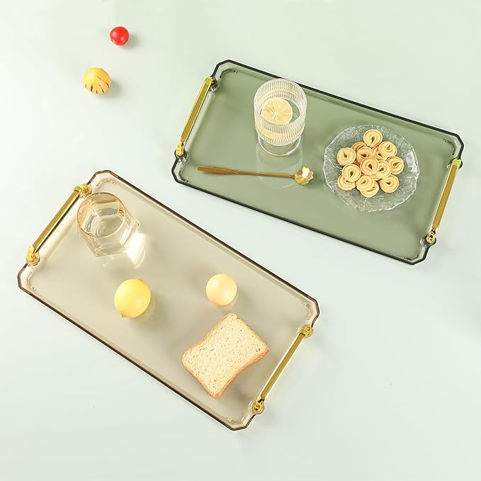 Acrylic Serving Tray with Handles - Multi-Use Plastic Tray for Party, Kitchen & Bathroom - Decorative Valet Tray for Ottoman, Dessert & Coffee Table (Amber)