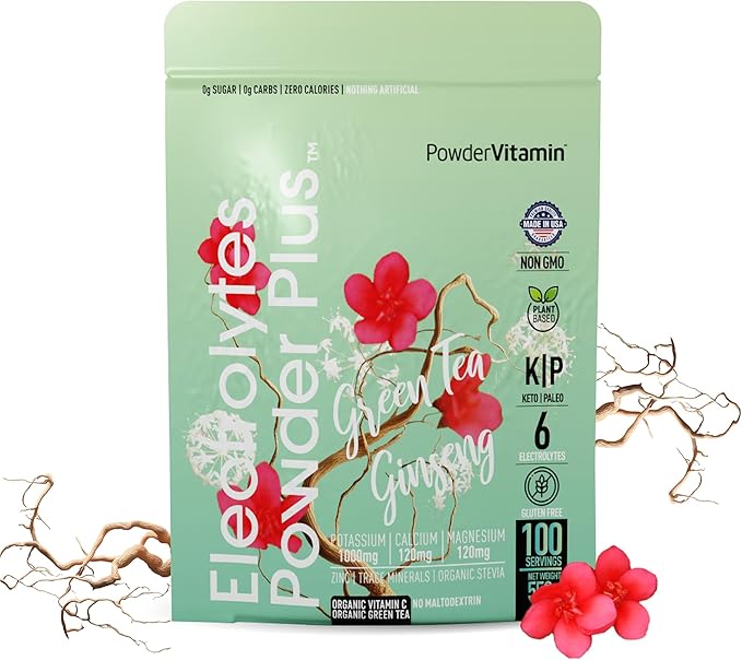 PowderVitamin Electrolytes Powder Plus (100 Servings) Green Tea Ginseng Electrolyte Powder Keto, Sugar Free, Pink Himalayan Salt,1000mg Potassium,150mg Calcium,150mg Magnesium, Hydration Powder