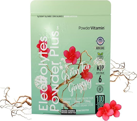 PowderVitamin Electrolytes Powder Plus (100 Servings) Green Tea Ginseng Electrolyte Powder Keto, Sugar Free, Pink Himalayan Salt,1000mg Potassium,150mg Calcium,150mg Magnesium, Hydration Powder