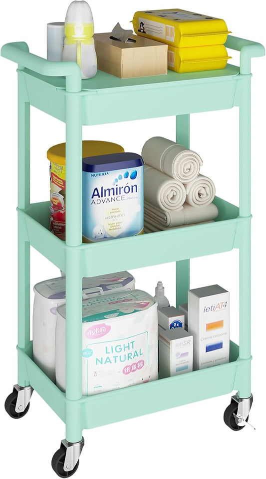 MIOCASA Utility Rolling Cart with Cover Top Board, 3-Tier Kitchen Storage Organization, Art Cart with Wheels for Office, Classroom, Livingroom, Kitchen, Bathroom (Green, 3-Tier-Plastic)