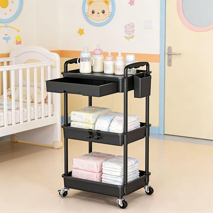 3 Tier Rolling Storage Carts with Removable Drawers, Lockable Wheels, Hooks & Cup Holders – Easy Assembly Storage Organizer for Kitchen, Bathroom, Office, Craft Room, Makeup, Black