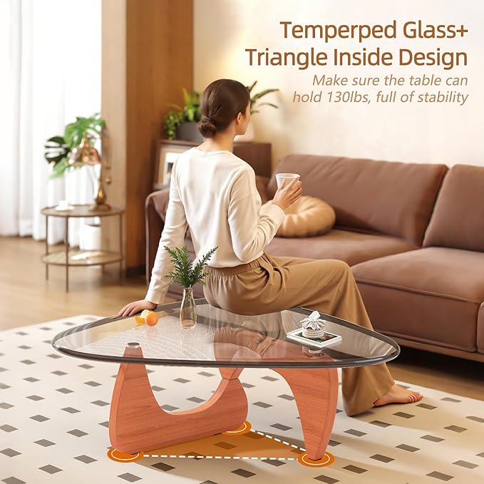 Coffee Table for Living Room Mid Century Modern Center Small Table with Glass Top and Wood, Walnut Transparent