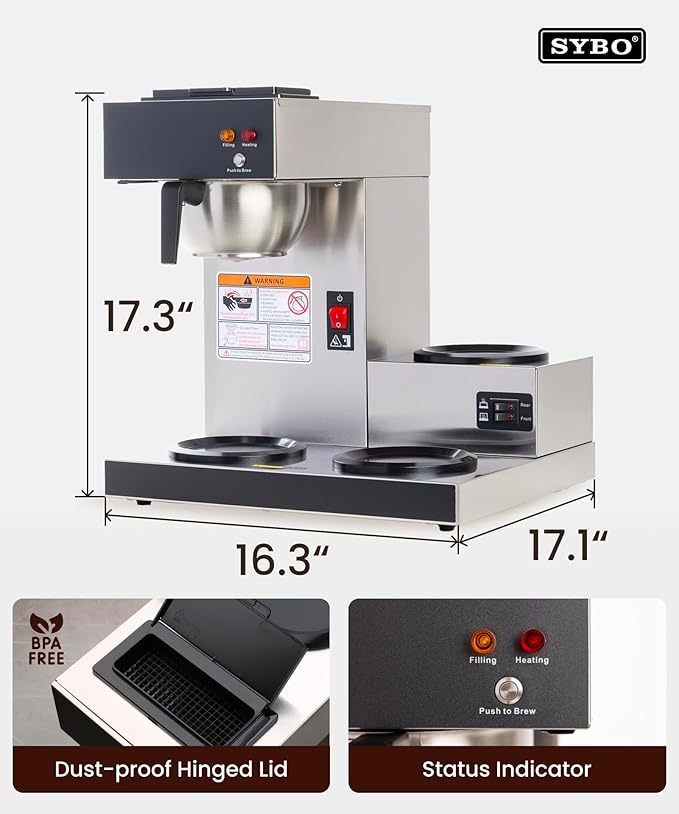 SYBO Commercial Coffee Maker 12 Cup, Pour Over Drip Coffee Maker Brewer with 3 Lower Warmers, Stainless Steel Cafetera