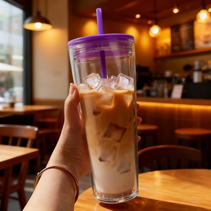 24oz Tumbler with Lid and Straw, Leak Proof and Double Wall Insulated Reusable Plastic Cups,Travel Reusable Iced Coffee Cup (1, Purple)