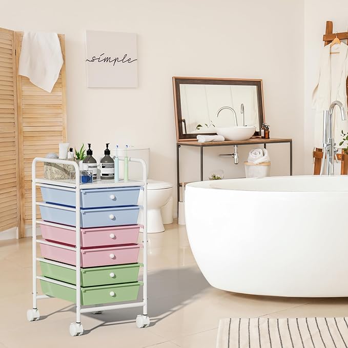 6-Tier Utility Cart with 6 Drawers, Rolling Utility Cart with 2 Lockable Caster Wheels, Multipurpose Mobile Rolling Drawer Cart for Office Bathroom Kitchen, Colorful