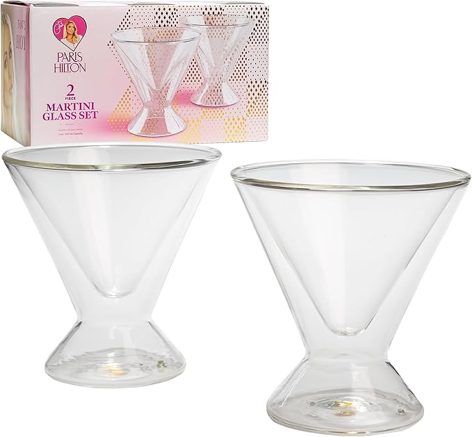 Paris Hilton 2-Piece Martini Glass Set, Double Wall Glass Design, Great for Martinis, Cocktails, Cosmopolitans, Margaritas, 7-Ounce, Clear