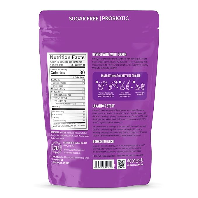 Lakanto Sugar Free Drinking Chocolate - Cold or Hot Cocoa Powder Mix, Shelf Stable Probiotics, Monk Fruit Sweetener, Keto Diet Friendly, Vegan, Dutch Cocoa, Gourmet Taste (Original - 10 oz)