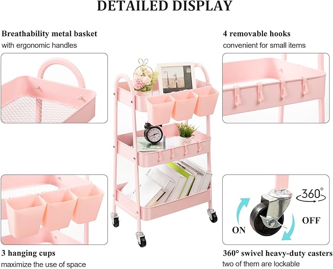 danpinera 3-Tier Rolling Cart, Utility Cart Mobile Metal Rolling Storage Cart with Lockable Wheels & Hanging Cups & Hooks for Kitchen, Bathroom, Office, Workshop, Pink