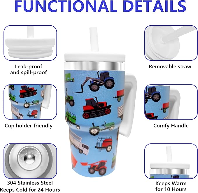 2PCS 20-OZ Insulated Water Bottle,Insulated Stainless Steel Tumbler,Reusable Cold Drink Thermos,BPA-Free, Double-Wall Stainless Steel Water Bottle (Blue-Farm Vehicles, 20, Fluid Ounces)
