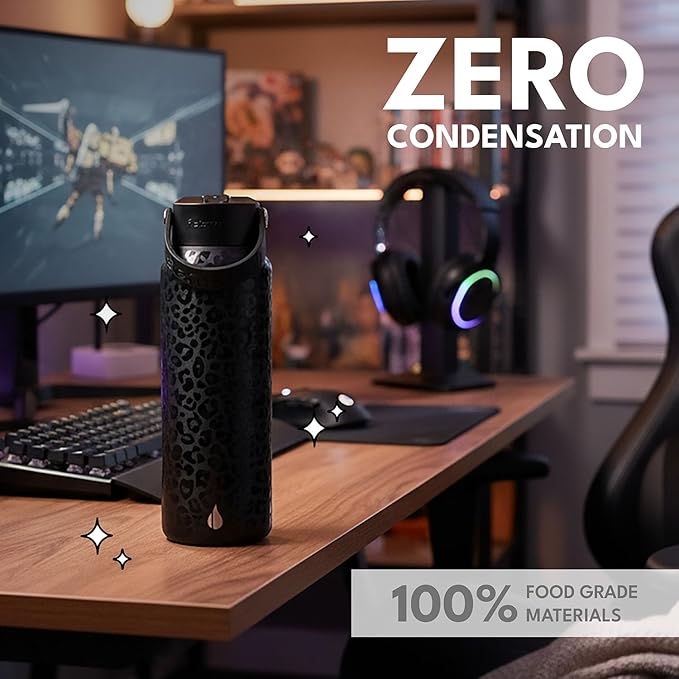 Elemental 40oz Insulated Water Bottle with Straw - 100% Leak-Proof Stainless Steel Core Water Bottles for Travel, Sports and Gym - Double Wall Insulation & BPA Free - Black Leopard