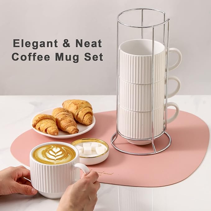 HASENSE Coffee Cups Set of 4 with Stand, 15 OZ Stackable Coffee Mugs with Handle for Tea, Cocoa, Cappuccino, Latte and Americano, Porcelain Vertical Stripe Coffee Cups for Men and Women, Pure White