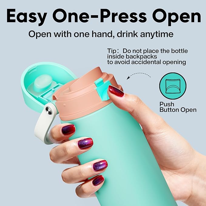 Insulated Water Bottle with Straw - Encool Stainless Steel Water Bottle with Push Button Lid, Leak-Proof & BPA-Free, Keeps Cold for 24 Hours for Sports, Travel, Gym (24 oz, Turquoise)