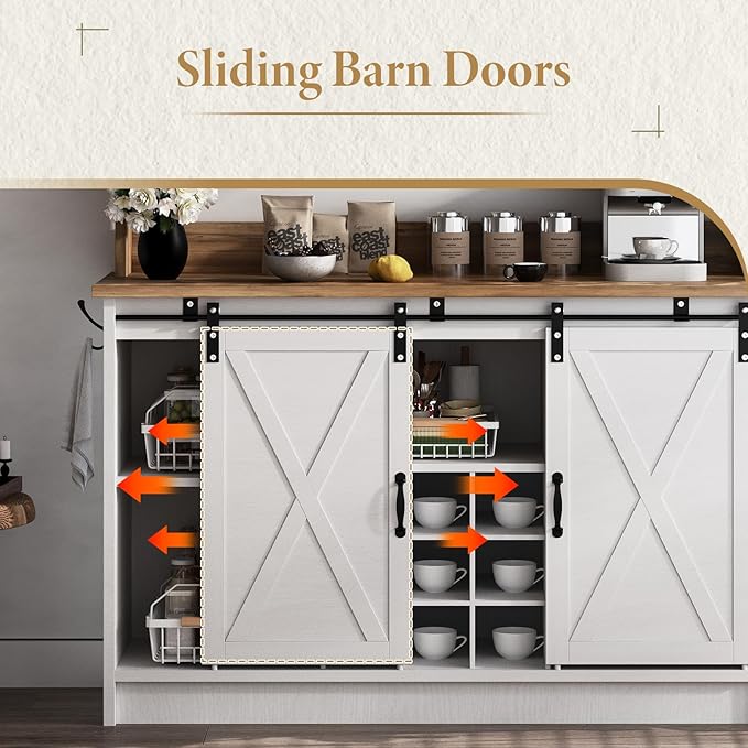 4ever2buy Farmhouse Coffee Bar Cabinet with Hutch, 47 Inch Buffet Cabinet with Storage, White Wine Bar with 9 Wine Racks and 6 Hooks, Coffee Bar Table with Adjustable Shelves for Living Dining Room