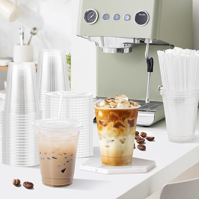 Clawsoff 16 oz 100 Pack Plastic Cups with Lids and Straws, Sturdy Food Safe Iced Clear Coffee Cups Disposable Smoothie Cups for Cold Drinks