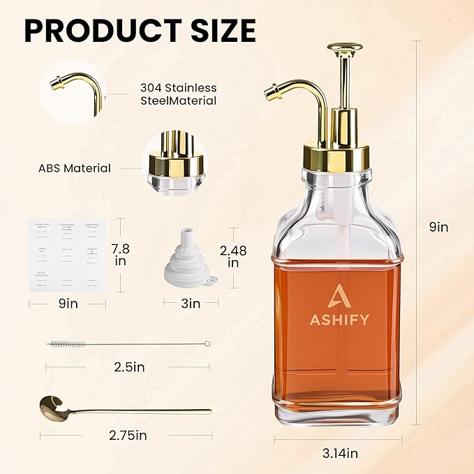 16.9oz/ 500ml Coffee Syrup Dispensers with 304 Stainless Steel Gold Pump - 4Pcs Glass Coffee Bar Syrup Bottles with 36 Labels, 2 Spoons, Funnel and Cleaning Brush Set for Bar Accessories
