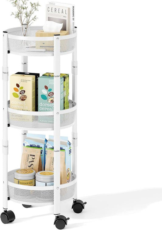 TOOLF 3-Tier Foldable Rolling Cart, Collapsible Metal Utility Cart with Wheels, No Assemble, Multifunction Storage Organizer Trolley for Kitchen, Bathroom, Dorm, Nursery, White