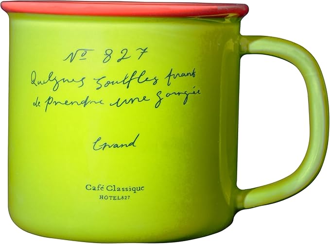 10 oz Retro Enamel-Style Coffee Mug, Minimalist Colorful Rim Ceramic Cups With Text Deign & Colorful Rims (Green)