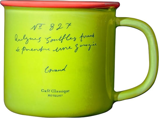 10 oz Retro Enamel-Style Coffee Mug, Minimalist Colorful Rim Ceramic Cups With Text Deign & Colorful Rims (Green)