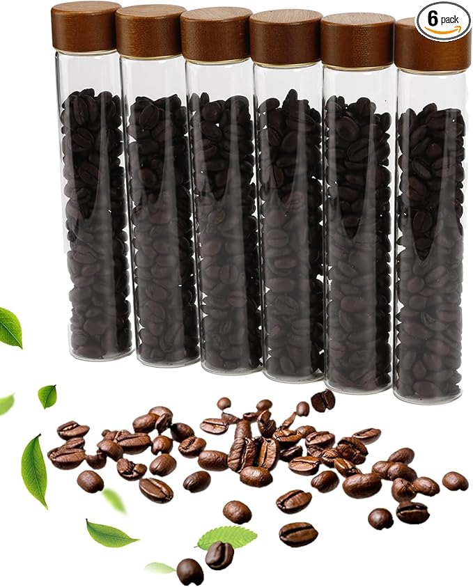 Coffee Bean Storage Tubes Refill Pack – 6pcs 80ml Airtight Glass Coffee Bean Container with Bamboo Lids for Single Dose Storage, Replacement Tubes for Barista