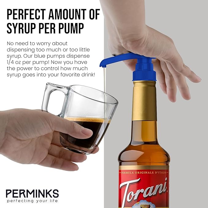 Premium Syrup Pump Compatible with Torani 750 ml Bottle, Davinci Syrups - No Spill, No Clog Syrup Pump Dispenser for Vanilla, Snow Cone, Blueberry, Coffee Flavoring & More (Pack of 6, Blue)