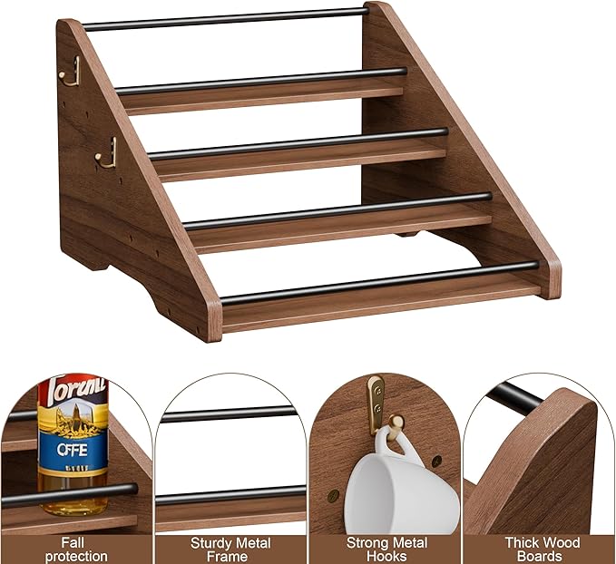 AHUONEL Coffee Syrup Organizer, 4-Tier Solid Wood Syrup Rack, Wine Rack, Storage Organizer for 16 Syrup Bottles/Spice Jars/Liquor Bottles, Sturdy Storage Stand for Coffee Bar