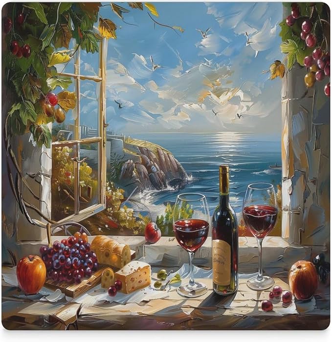 Square-6PCS Red Wine Ceramic Coasters, Square Absorbent Drink Coasters, Oil Painting Style Red Wine Grapes Sea Scenery Ceramic Table Coasters for Coffee, Beverage, Wine, Beer Coasters