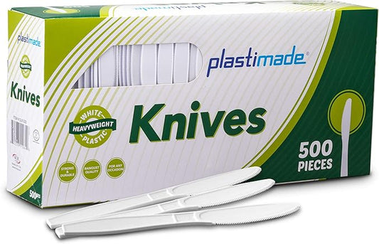 500 Count Extra Heavy duty Plastic Knives, Disposable White Knife, Heavyweight Bulk Cutlery for Dinner, Events, Catering, Parties & Takeout