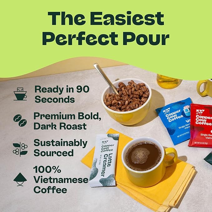 Copper Cow Coffee Pour Over Vietnamese Coffee Pouches + Sweetened Condensed Milk Creamers (8 Coffees & 8 Milk Creamers) | Classic Black Lattes, No Refrigeration Needed, Travel Friendly Ground Coffee