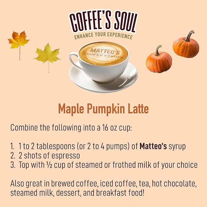 Matteo's Maple Pumpkin Syrup for Coffee, Lattes, Cappuccinos & Desserts – Sugar-Free Sweetener for Beverages, Keto Friendly, Zero Calories, Indulgent Flavor, Non-Alcoholic, 33.8oz (1pk)