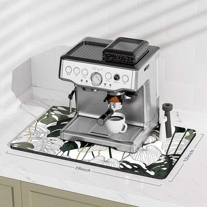 Rnivvi Coffee Mat, 12" x 19" Cute Coffee Bar Mats for Espresso Machine Station Accessories and Organizer, Hide Stain Rubber Backed Absorbent Dish Drying Pad for Kitchen Counter, Tropical Leaves