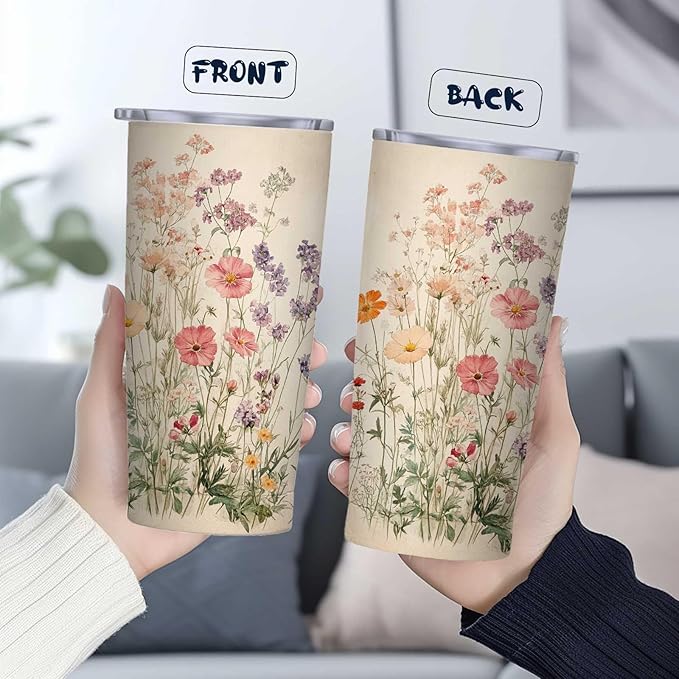 Wild Flower Tumbler 20 oz, Stainless Steel Travel Mug with Leak-Proof Lid and Retractable Straw, Floral Insulated Cup for Coffee, Tea and Iced Drinks, Birthday and Christmas Gifts for Women