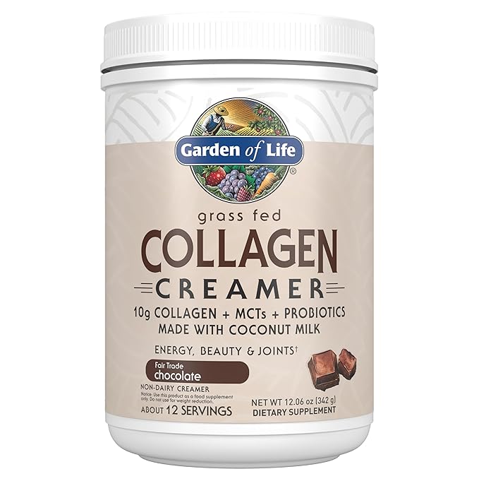 Garden of Life Grass Fed Collagen Creamer Powder - Chocolate, 12 Servings, Powder for Coffee Energy Beauty Joints, Collagen Peptides with Coconut MCTs, Keto Protein Supplements