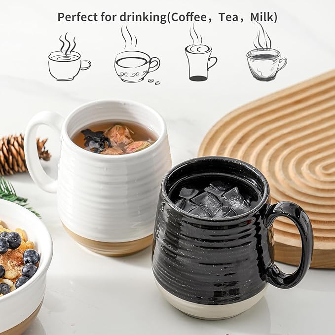 HASENSE 20 oz Coffee Mugs, Large Mugs with Handle Set of 2, Stoneware Coffee Cups for Mom Dad Friend, Prefect for Latta, Tea, Coffee, Dishwasher and Microwave Safe, White & Black