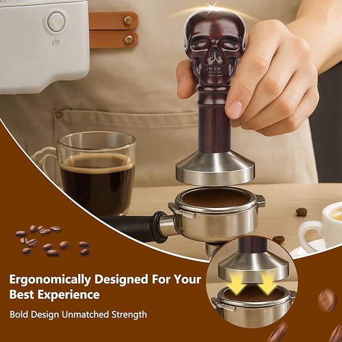 53.3mm Espresso Tamper for 54mm Portafilters, Coffee Hand Tamper with Weighted 304 Stainless Steel Flat Base & Ebony Wood Skull Handle, Espresso Tool for Home Baristas