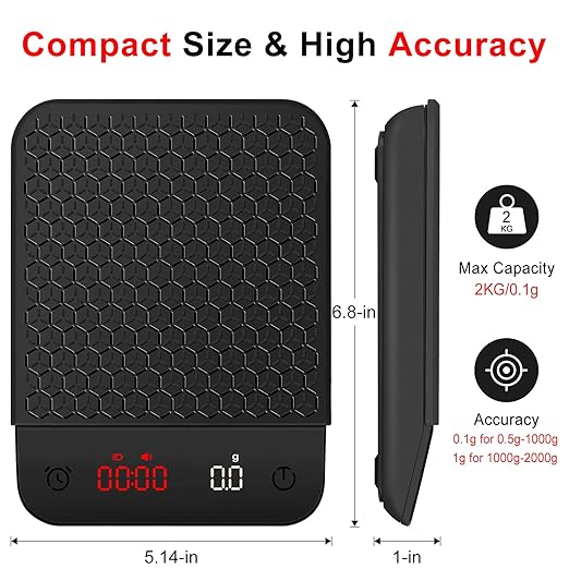 THINKSCALE Coffee Scale with Timer – Rechargeable 2kg/0.1g Accurate Espresso Scale, 3-Mode Timer Digital Coffee Scale for Pour-Over, Espresso, French Press, Kitchen Use