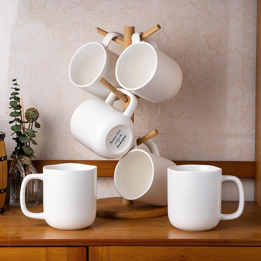 AmorArc 14oz Coffee Mugs Set of 6, Speckled Ceramic Coffee Mugs with Large Handle & Wavy Rim for Latte/Hot Cocoa/Tea, Coffee Cups for Men Women. Oven, Dishwasher&Microwave Safe, Speckled White